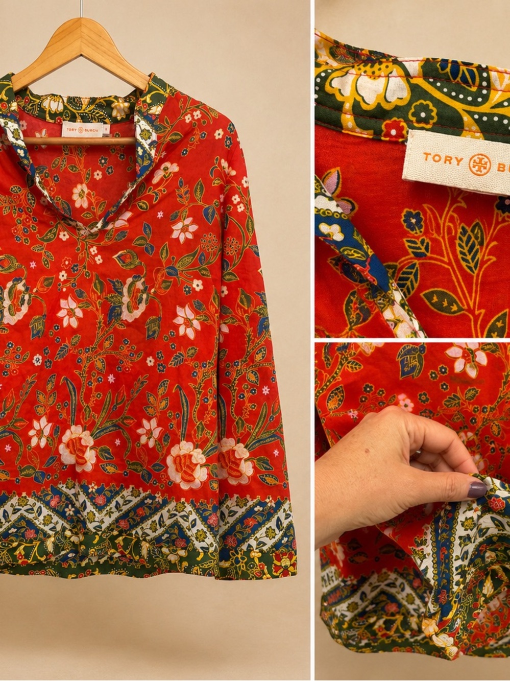 Tory Burch Red Floral V-Neck Long Sleeve Tunic